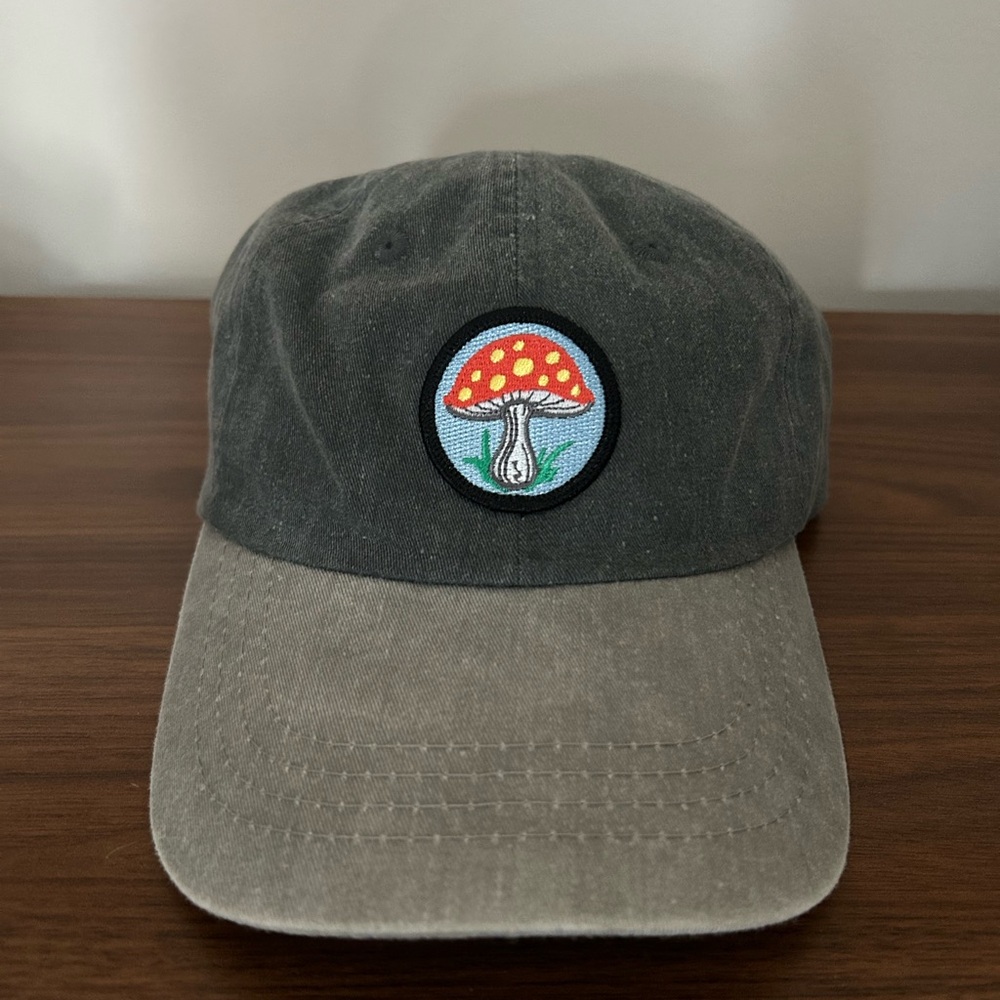Swamp goods hat. Dark Gray Cap with Mushroom Patch